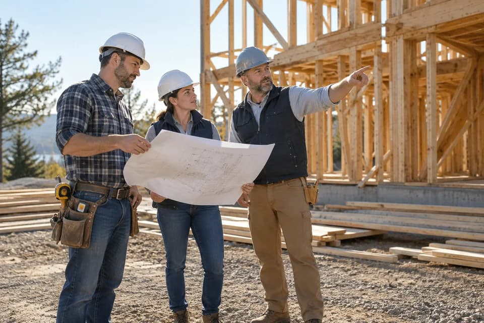 AI-generated illustration: Custom home builders reviewing framing and plans