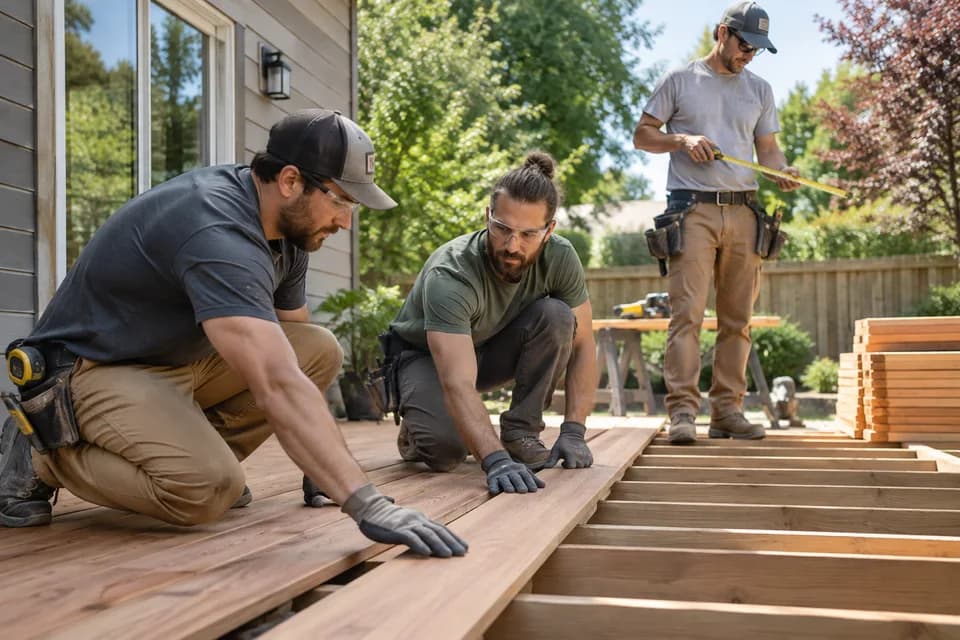 AI-generated illustration: Carpenters building a cedar deck
