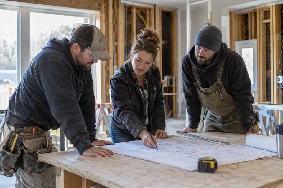 AI-generated illustration: Design-build team reviewing plans