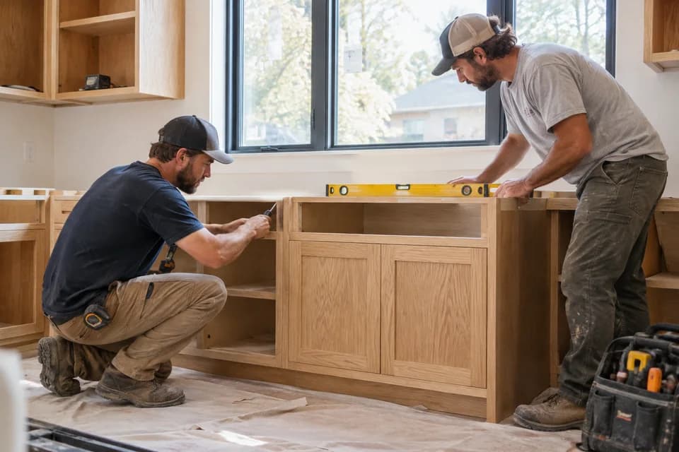 AI-generated illustration: Kitchen installers aligning oak cabinets
