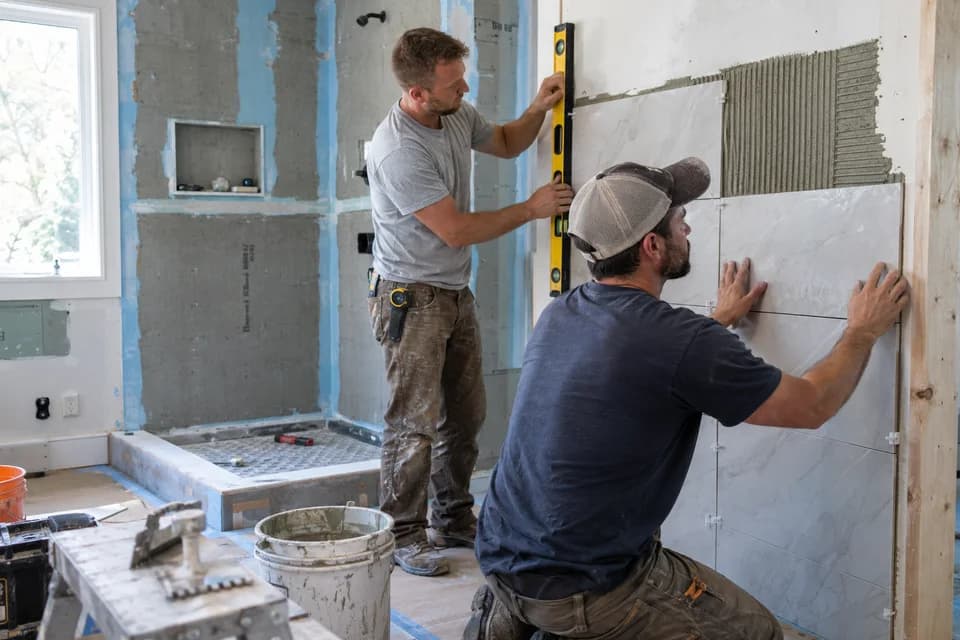 AI-generated illustration: Remodelers installing tile in a bathroom