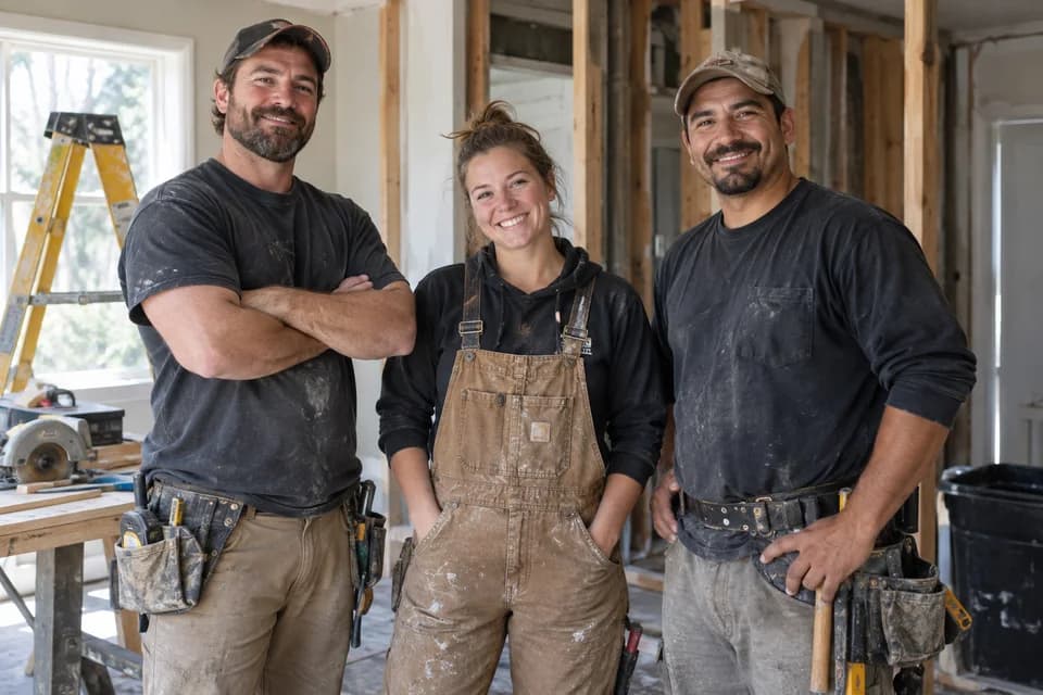 AI-generated illustration: Home renovation crew together at a jobsite